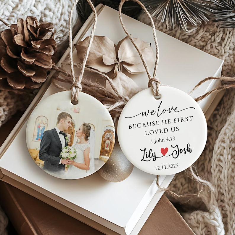 An elegant Christian Christmas gift, this Personalized Watercolor Portrait Wedding Ceramic Ornament is a beautiful ceramic wedding ornament.