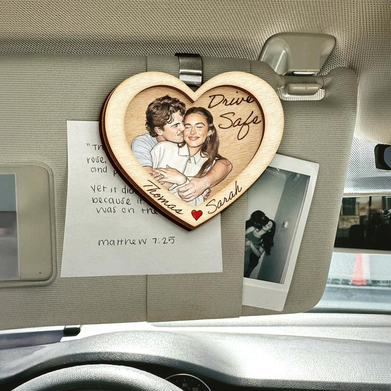 Personalized Watercolor Portrait Wooden Car Visor Clip