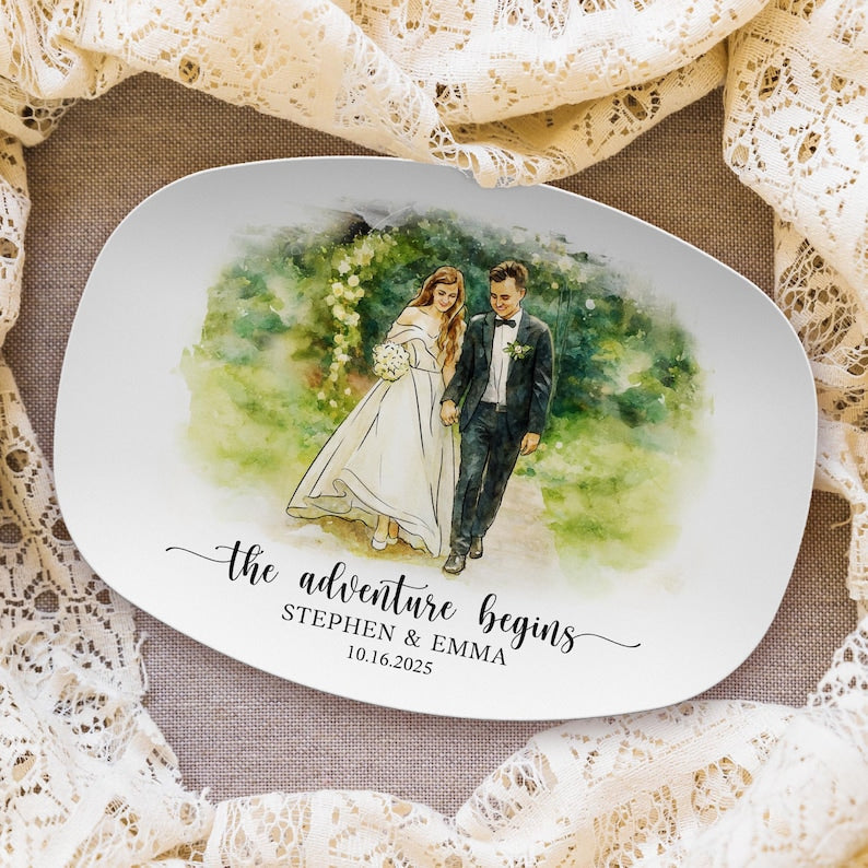 Personalized Watercolor Wedding Photo Platter, a custom wedding platter and treasured painted platter keepsake.
