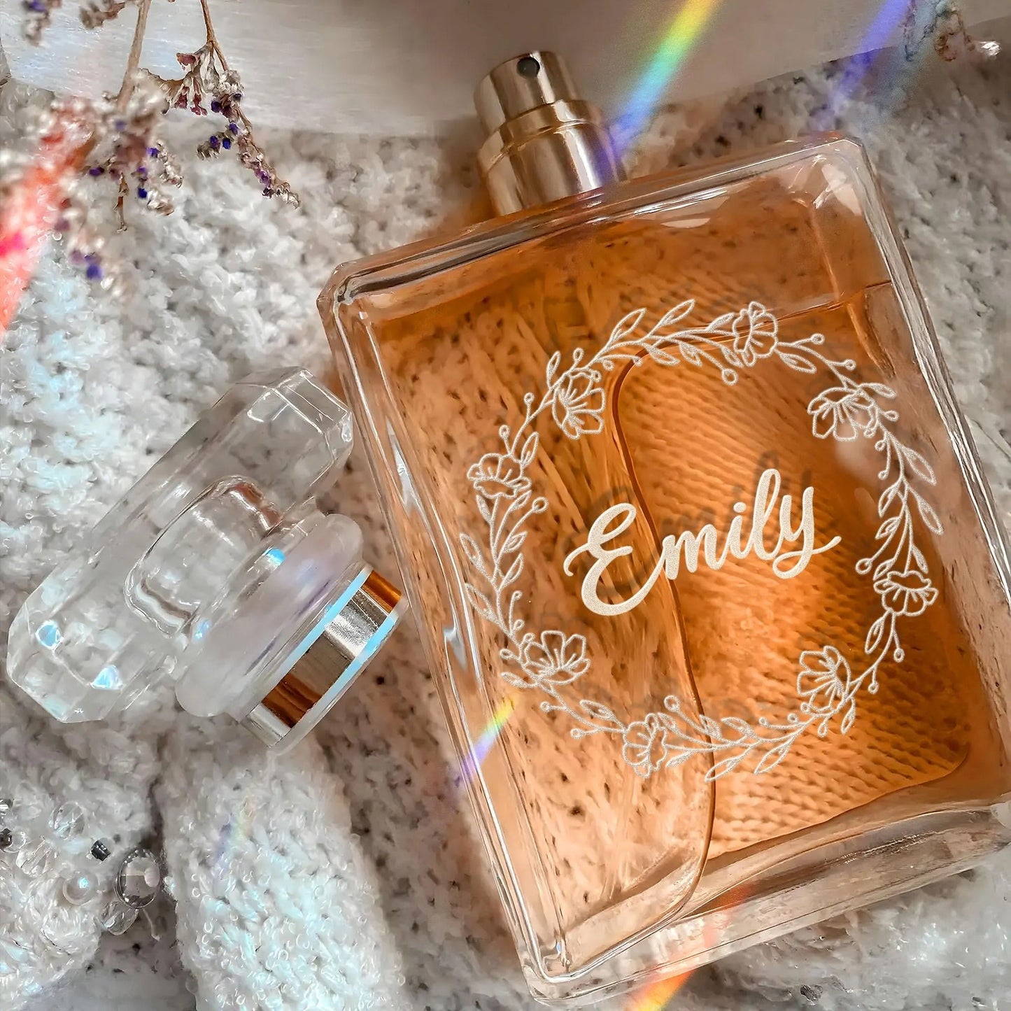 Unique Personalized Wedding Flower Wreath Glass Perfume Bottle ideal as maid of honor gifts and bridesmaid gifts