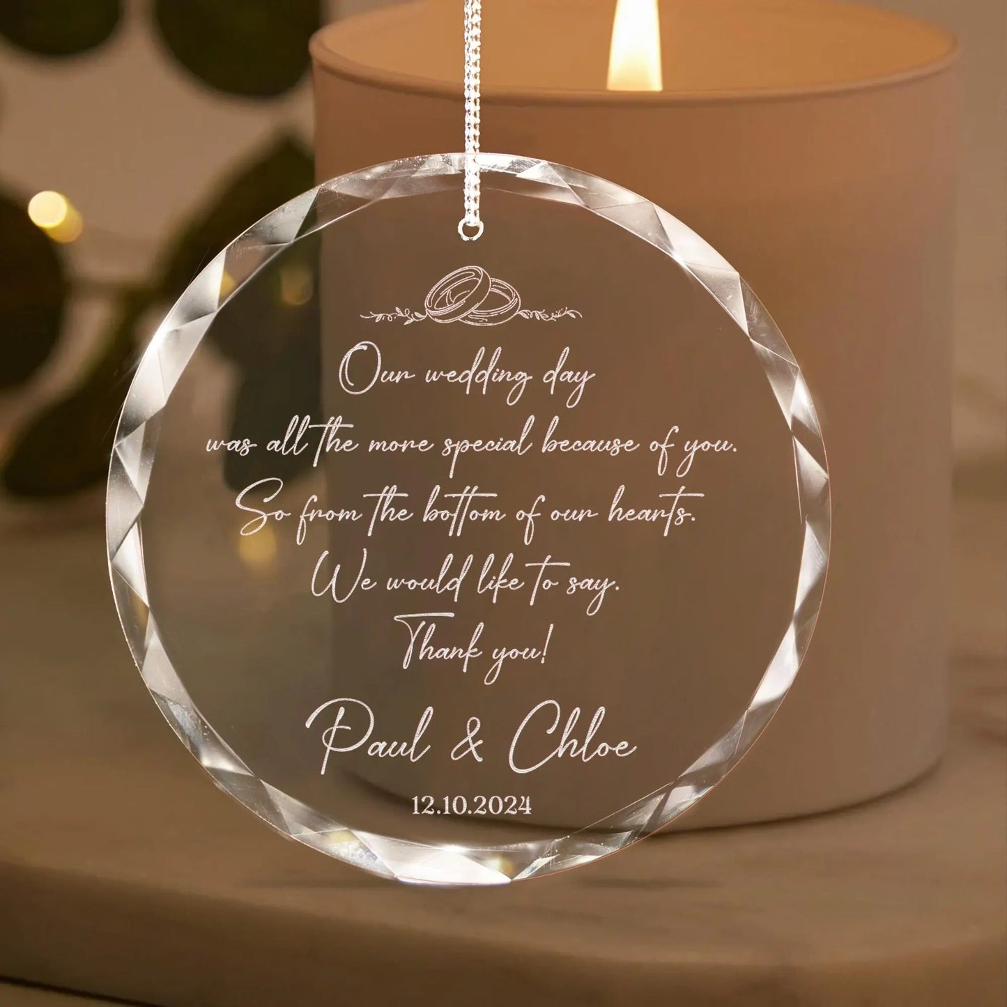 Wedding ornaments designed to honor the officiant with personalized glass keepsake
