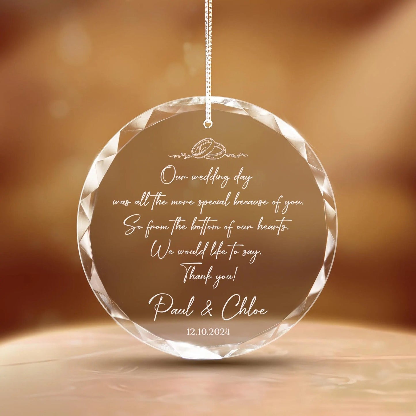 Wedding officiant gift idea featuring elegant glass ornament with custom engraving