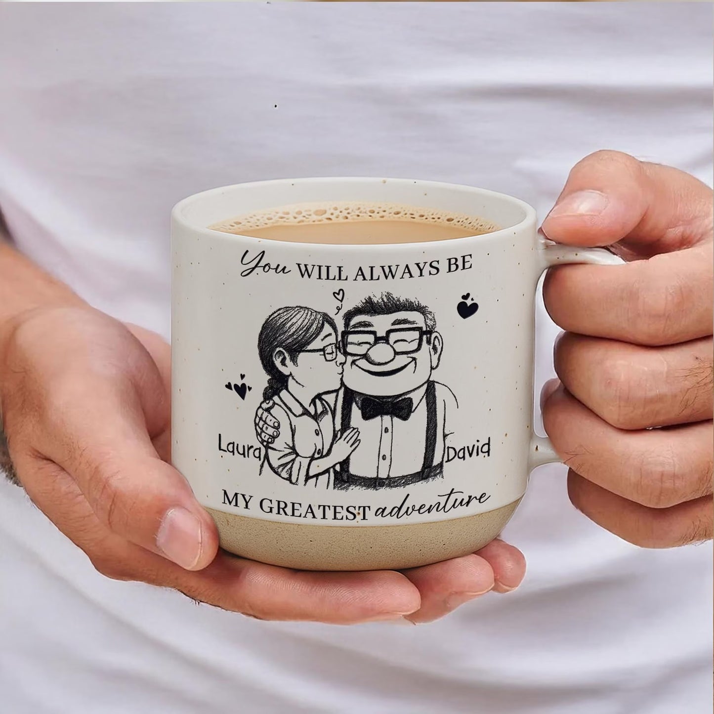 Custom ceramic mugs with romantic quote "You're My Greatest Adventure" and line drawing design