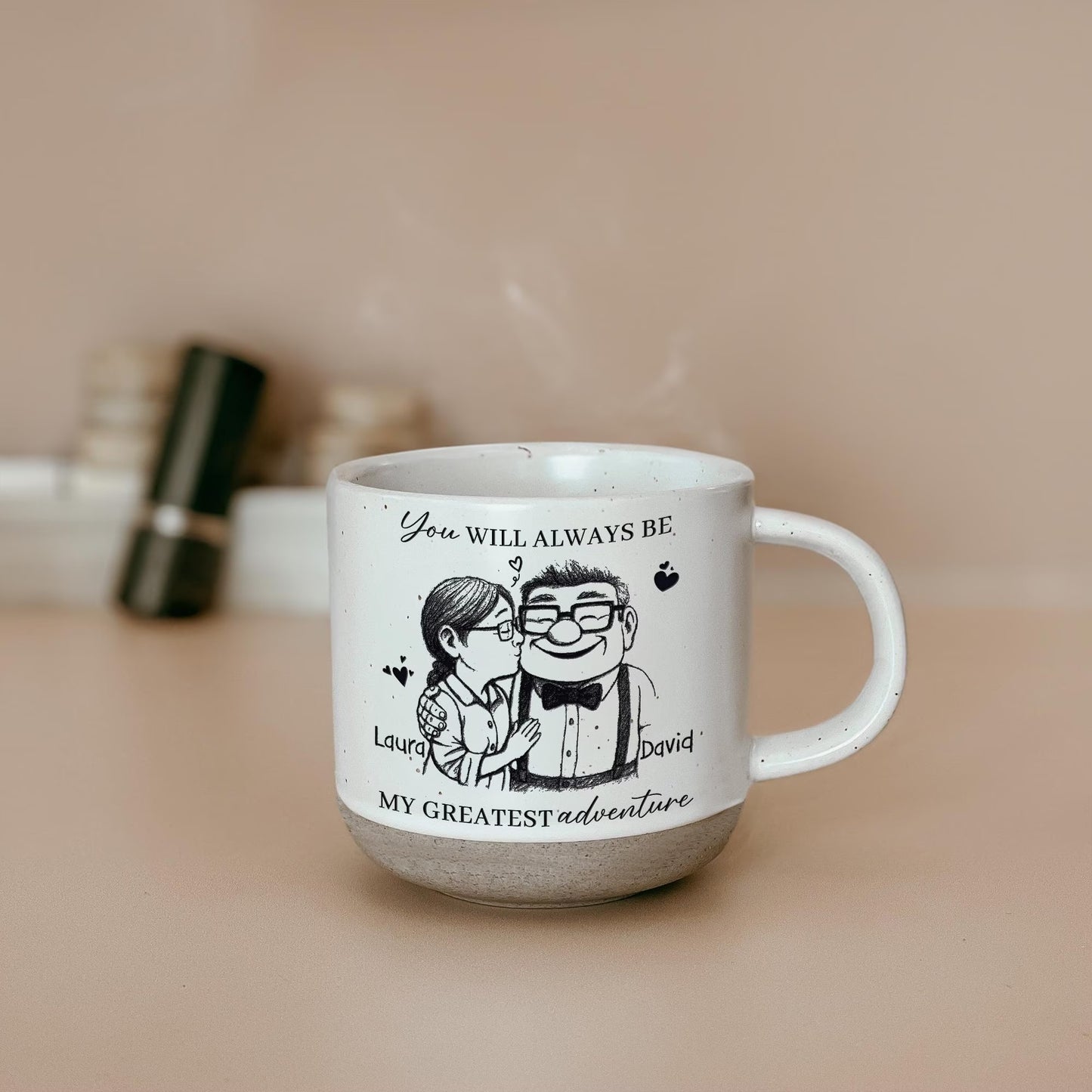 Personalized ceramic mugs featuring custom line art and heartfelt message for meaningful gifts