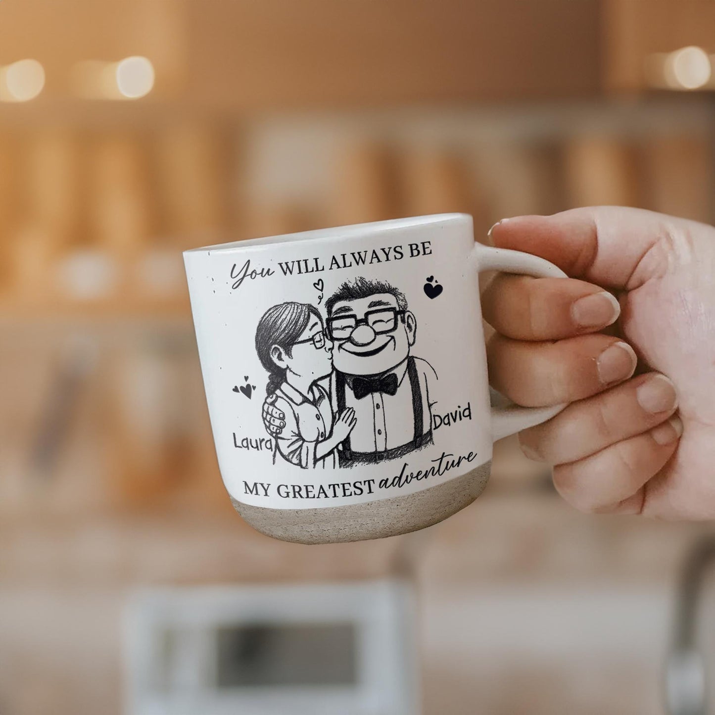 Custom ceramic coffee mugs with “You’re My Greatest Adventure” design for anniversaries or Valentine’s Day