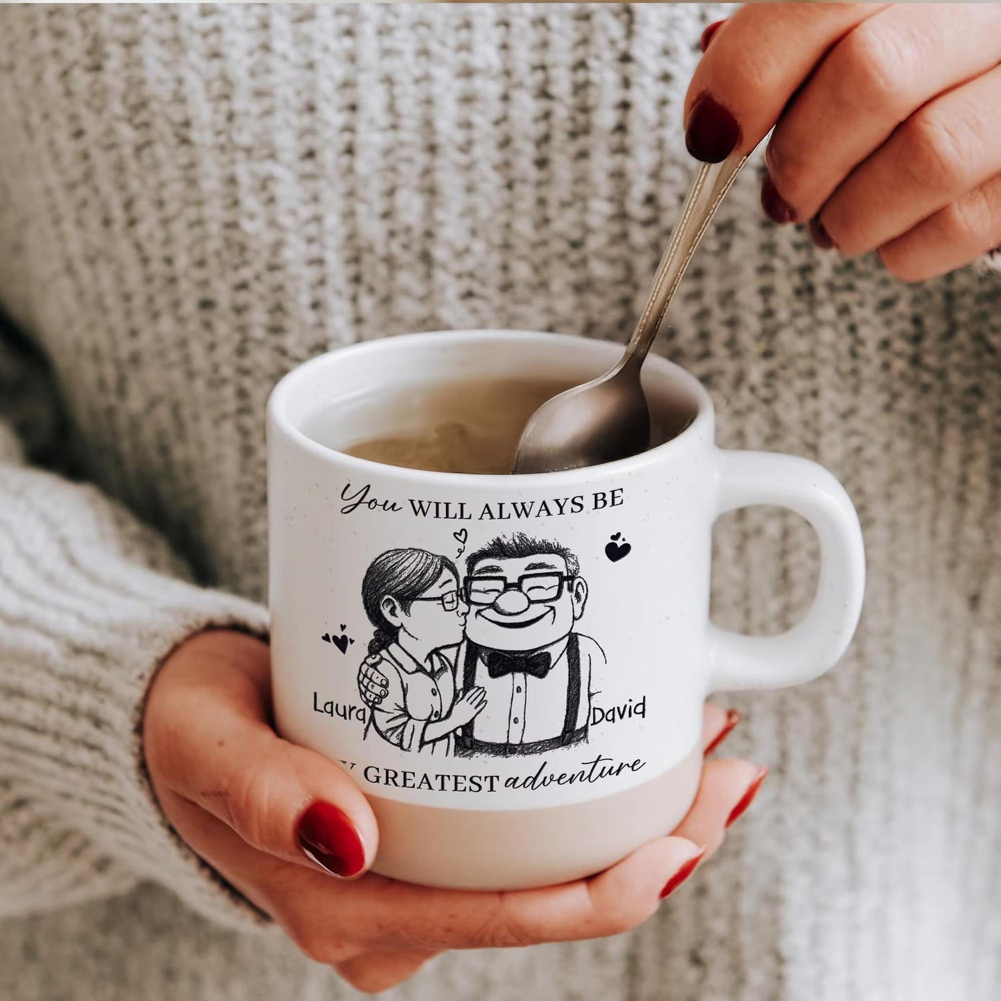 Line drawing ceramic mug with custom quote, perfect as a unique “You're My Greatest Adventure” gift
