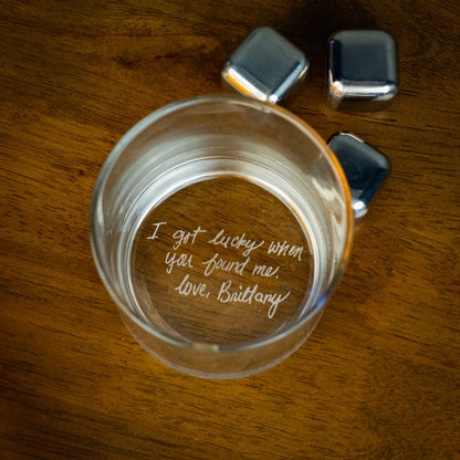 Custom Secret Message Whiskey Glass - Engrave Your Handwriting on Bottom Rock Glas