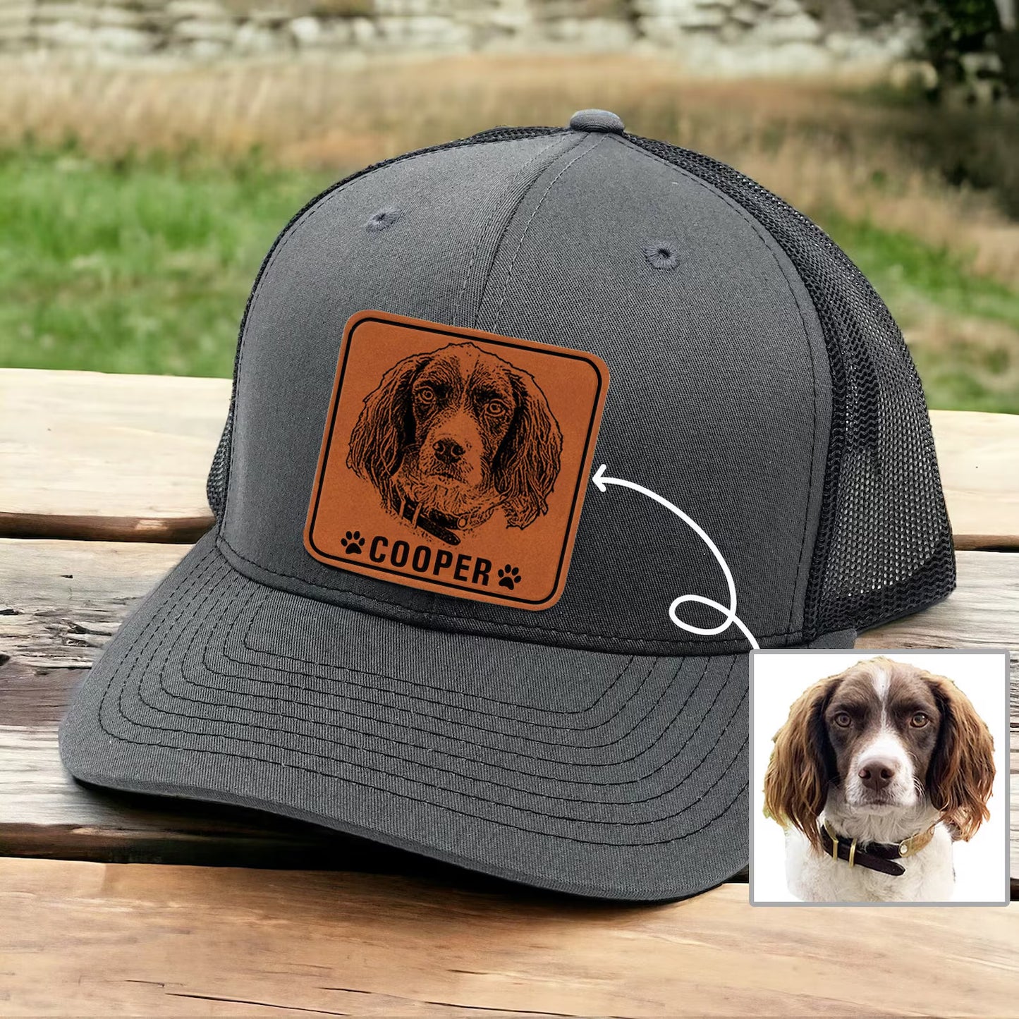 Custom Dog Photo Engraved Trucker Hat Leather Patch