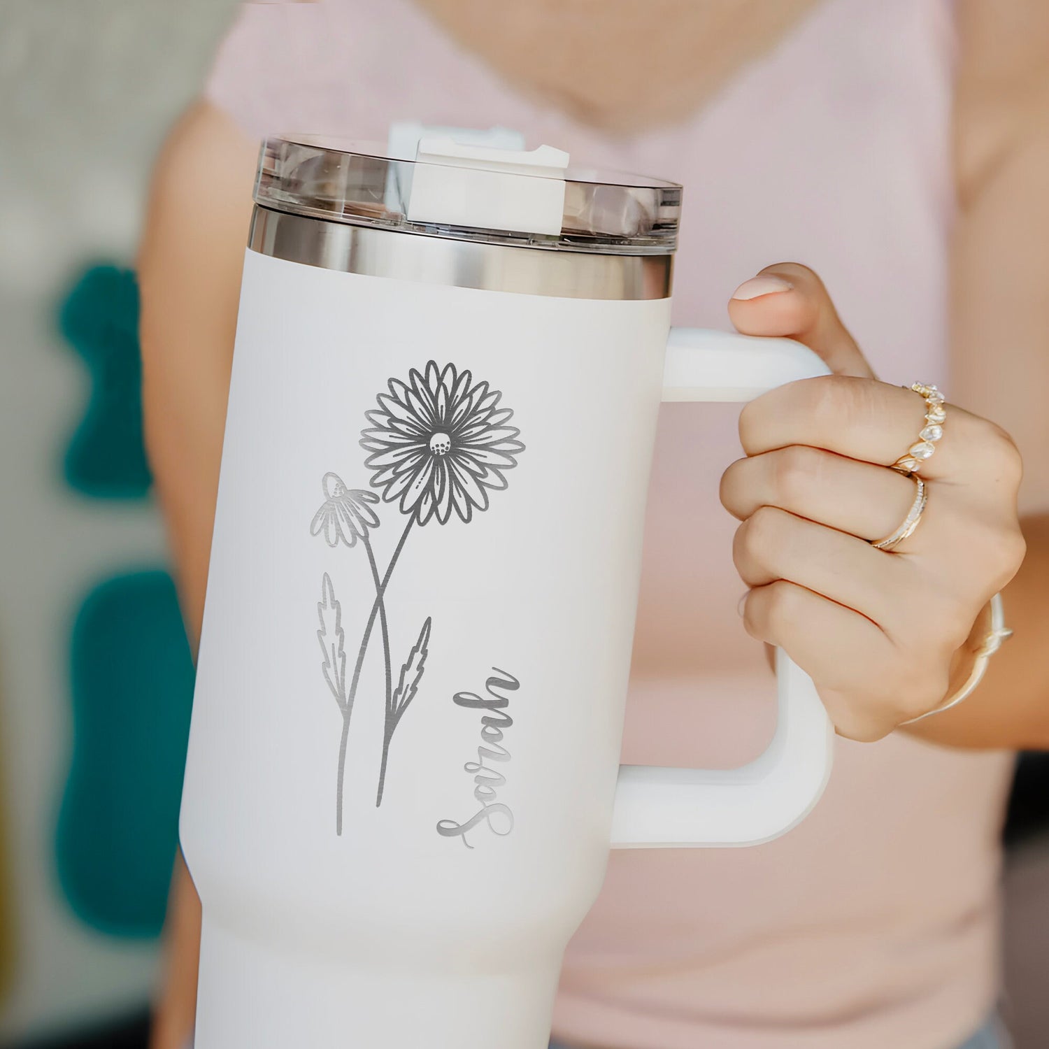 Custom Birth Flowers 40 oz Tumbler With Handle - white - 40 oz