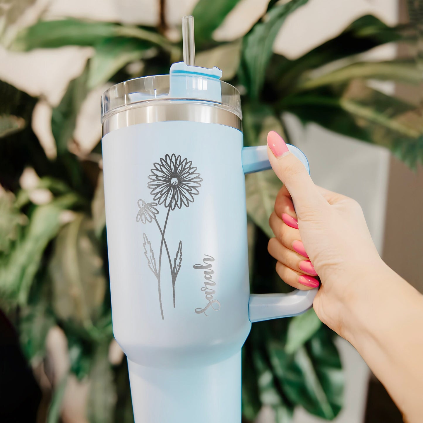 Custom Birth Flowers 40 oz Tumbler With Handle - aqua