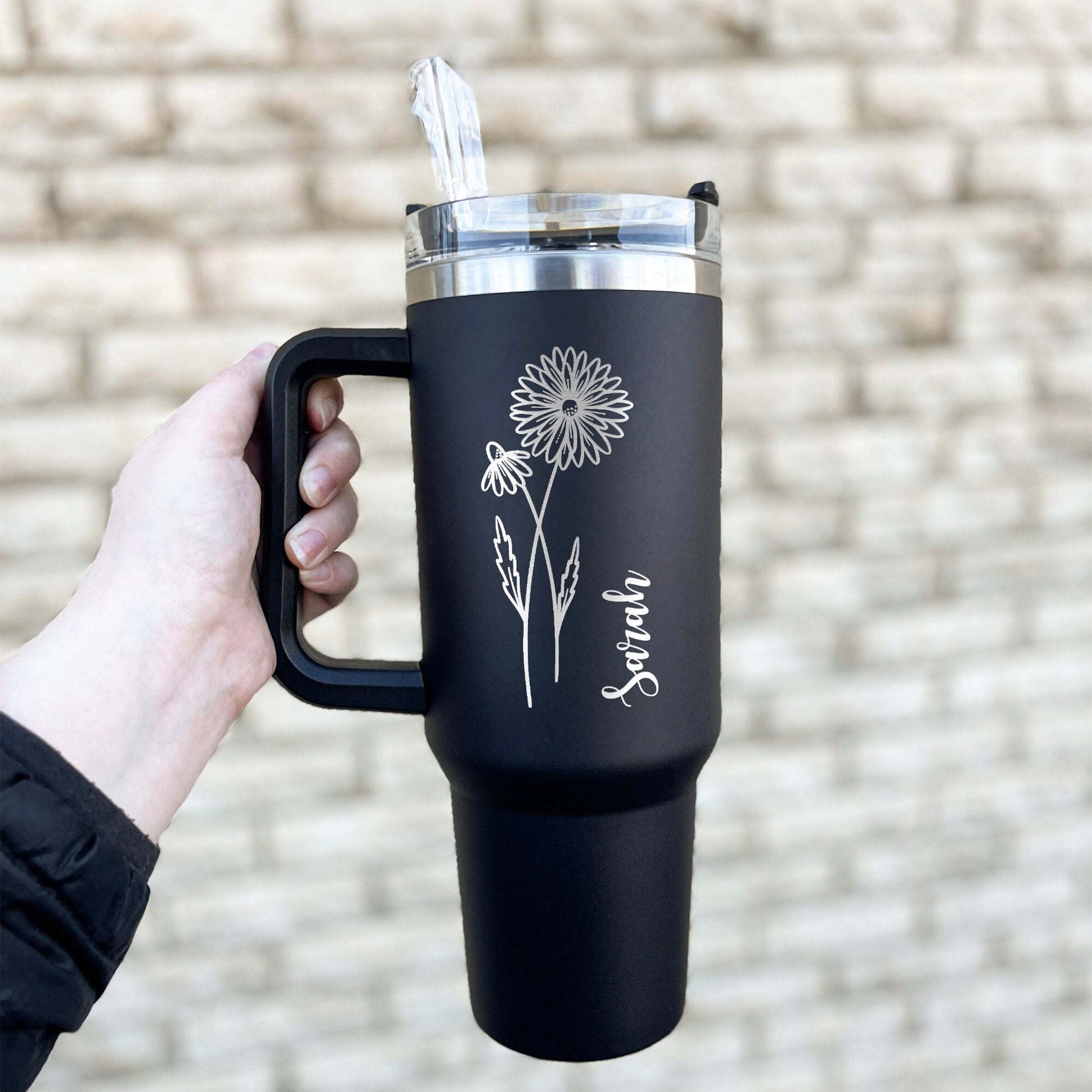 Custom Birth Flowers 40 oz Tumbler With Handle - black