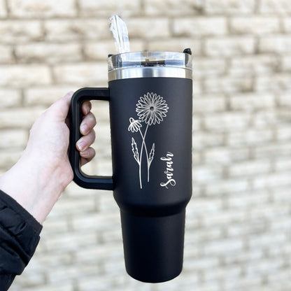 Custom Birth Flowers 40 oz Tumbler With Handle - black