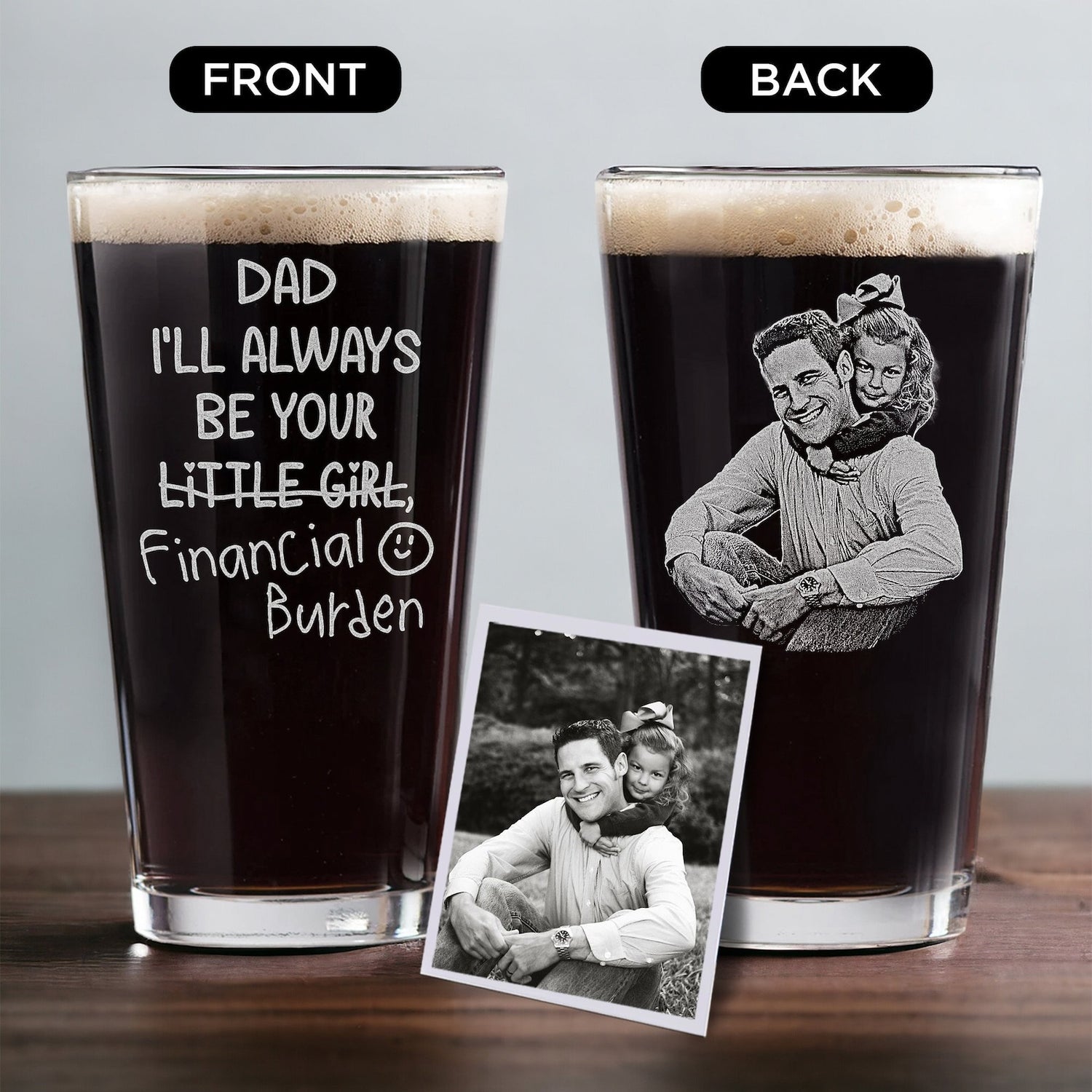 Personalized whiskey glass engraved with custom text and photo for Father's Day.