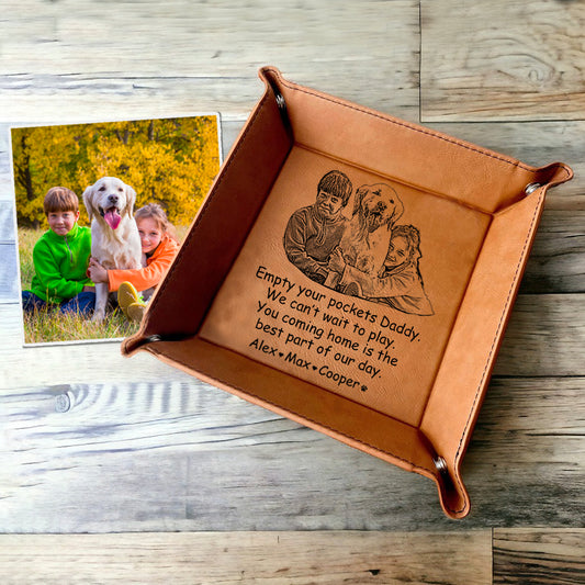 Custom Photo Leather Valet Tray for Dad - Personalized Engraved Catchall Tray Fathers Day Gift