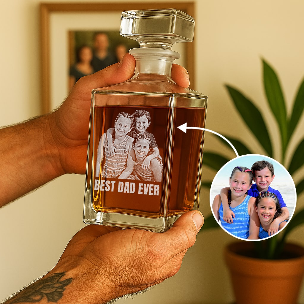 Photo Engraved Personalized Whiskey Decanter, 24 oz whiskey bottle