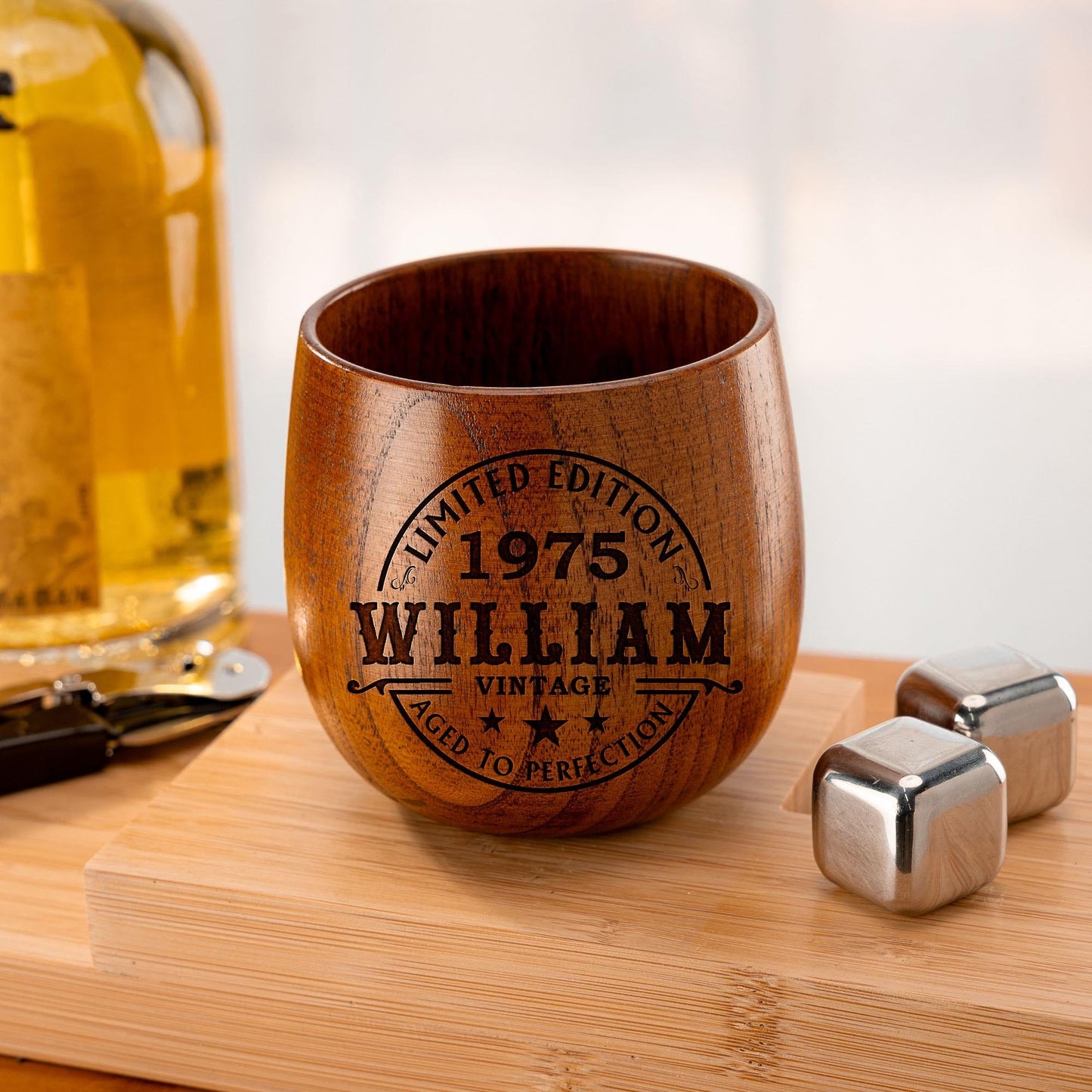 50th birthday wooden whiskey cup personalized