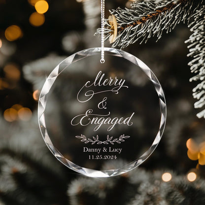 Custom Merry and Engaged Crystal Ornament Engraved