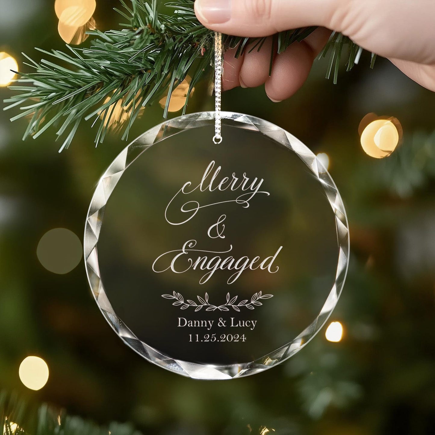 Custom Merry and Engaged Crystal Ornament Engraved