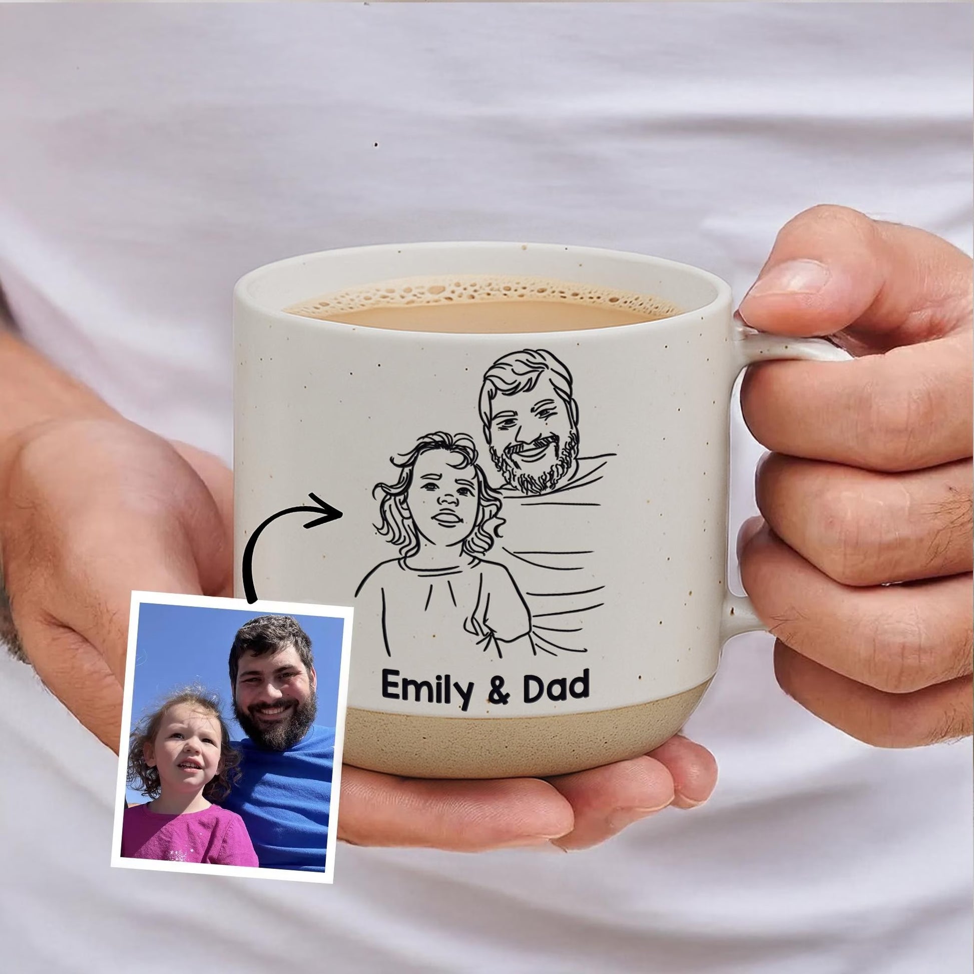 Fathers Day gifts for dad from daughter featuring personalized pottery mugs with photo and line art design