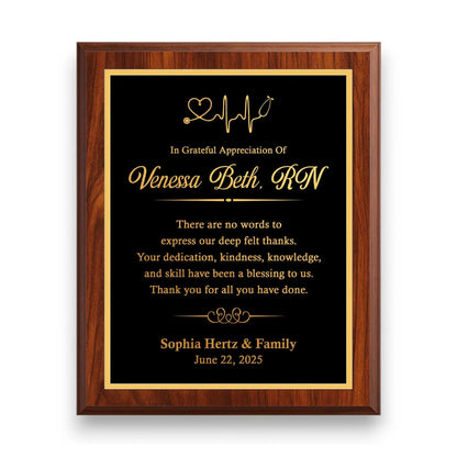 Nurses Appreciation Week gifts like personalized plaques to celebrate nursing excellence