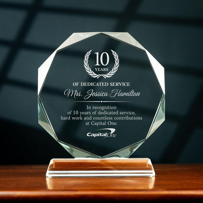 Unique Personalized 10 Year Work Anniversary Crystal Award ideal as long service award and 10 years of service award  