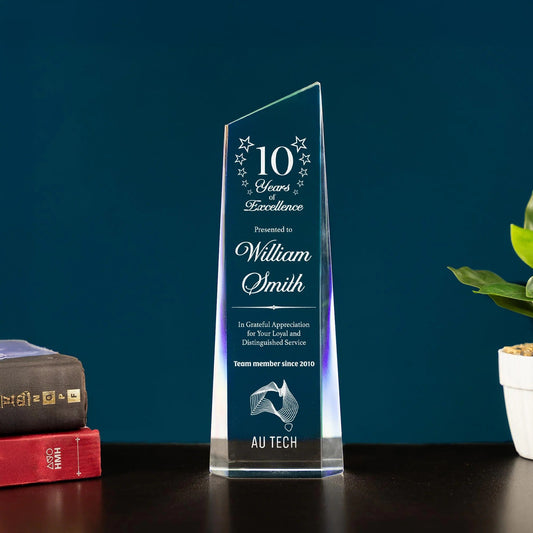 Personalized 10 Years of Service Crystal Award designed as an elegant employee 10 year anniversary gift and year of service award  