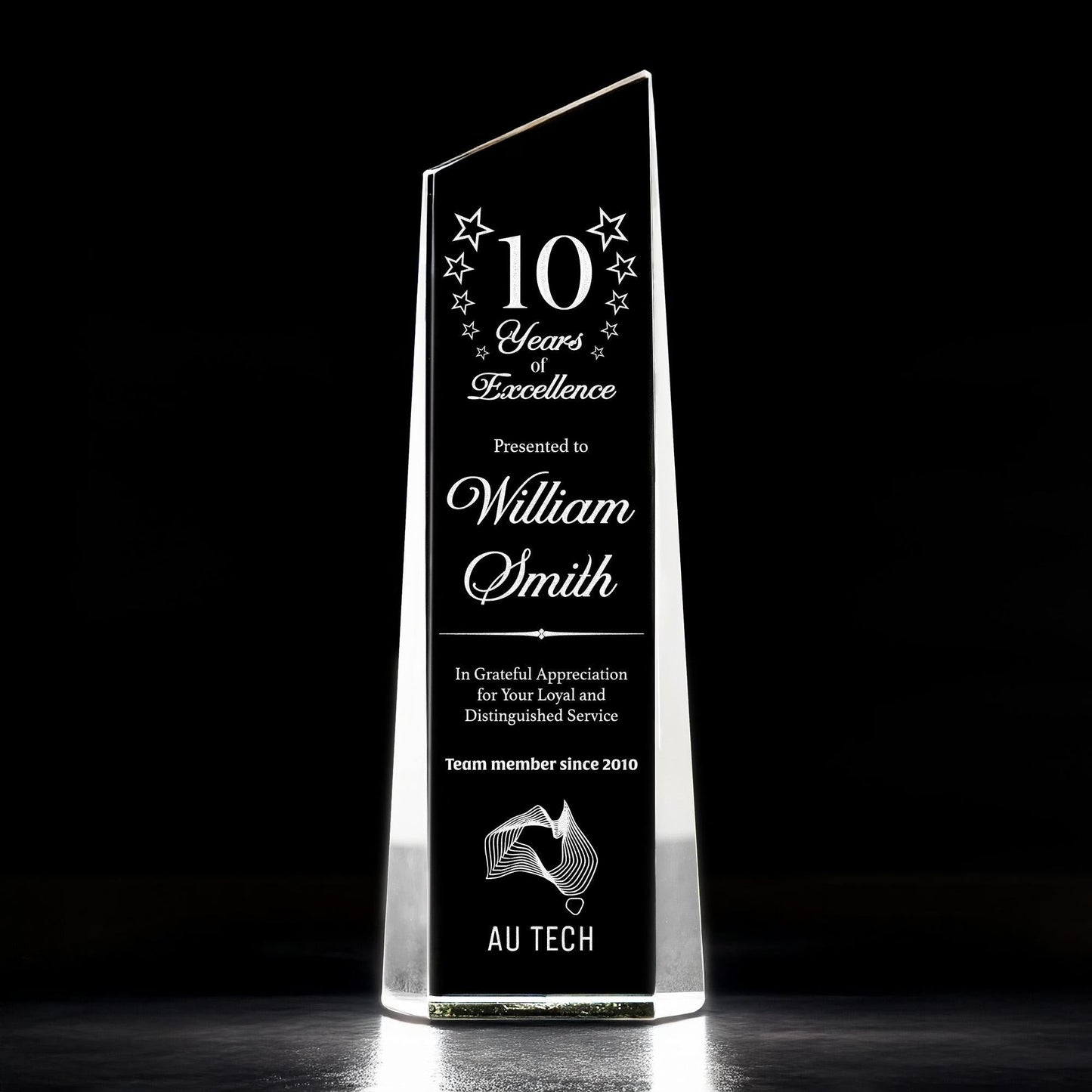 Custom engraved Personalized 10 Years of Service Crystal Award perfect for corporate gifts and employee appreciation gifts  
