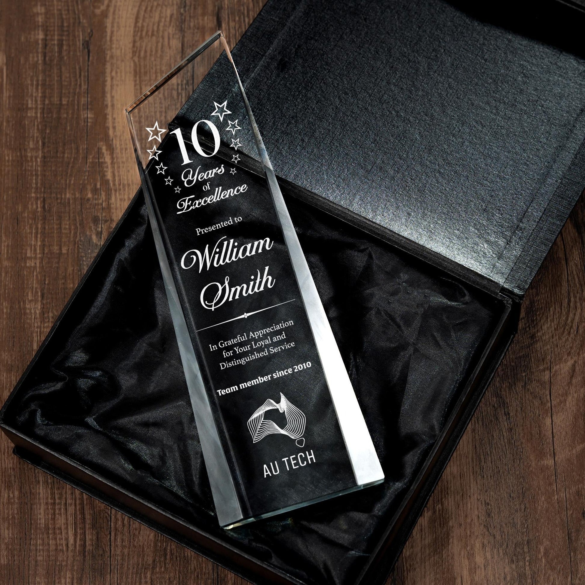 Unique Personalized 10 Years of Service Crystal Award ideal as work anniversary gifts and long service award recognition  