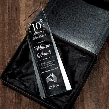 Unique Personalized 10 Years of Service Crystal Award ideal as work anniversary gifts and long service award recognition  