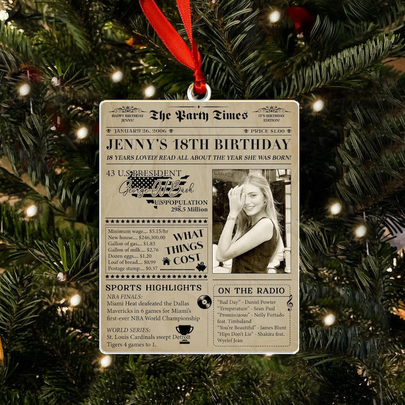 A Personalized 18th Birthday Newspaper Acrylic Ornament, a unique 18th birthday Christmas ornament and personalized Christmas ornament.
