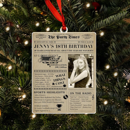 A Personalized 18th Birthday Newspaper Acrylic Ornament, a unique 18th birthday Christmas ornament and personalized Christmas ornament.