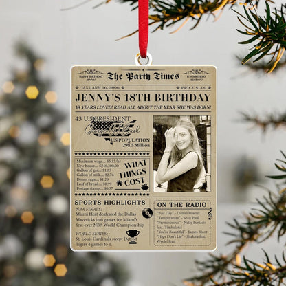 This custom photo ornament, a Personalized 18th Birthday Newspaper Acrylic Ornament, serves as a memorable newspaper ornament.