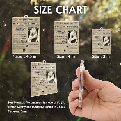 A close-up of a newspaper ornament, the Personalized 18th Birthday Newspaper Acrylic Ornament is an ideal 18th birthday Christmas ornament.