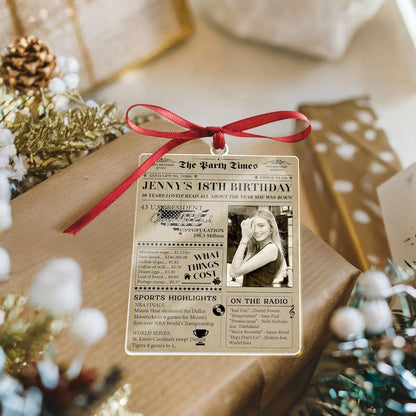 The perfect 18th birthday Christmas ornament, this Personalized Newspaper Acrylic Ornament allows you to create your own Christmas ornament keepsake.