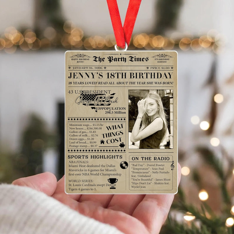 A custom photo ornament featuring a newspaper design, the Personalized 18th Birthday Newspaper Acrylic Ornament is a unique personalized Christmas ornament.