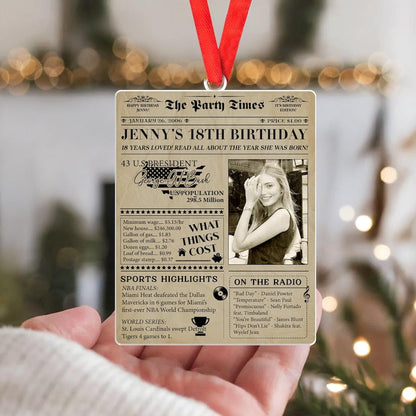 A custom photo ornament featuring a newspaper design, the Personalized 18th Birthday Newspaper Acrylic Ornament is a unique personalized Christmas ornament.