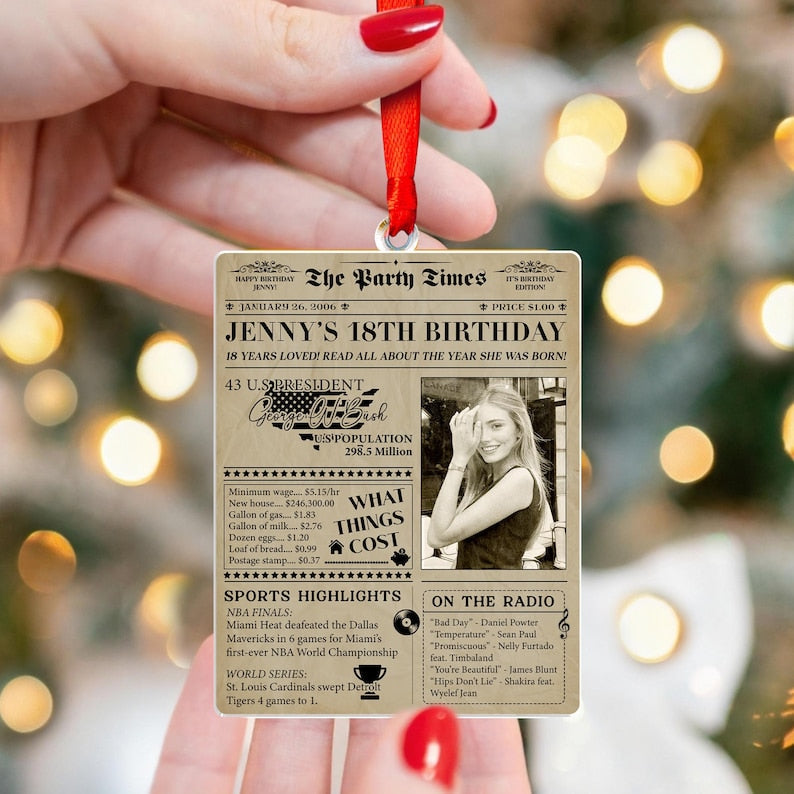 This newspaper ornament, a Personalized 18th Birthday Newspaper Acrylic Ornament, is a fantastic 18th birthday gift.