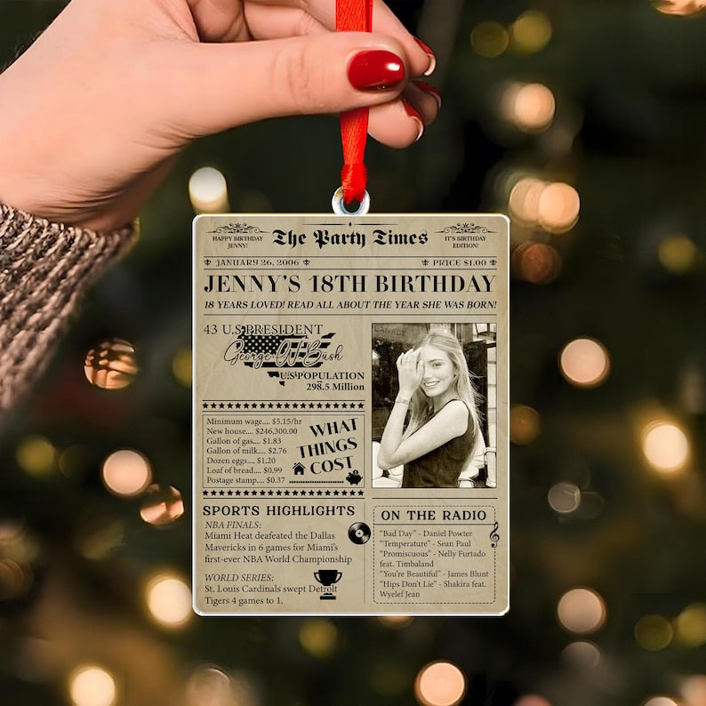 Personalized Christmas Ornaments like the Personalized 18th Birthday Newspaper Acrylic Ornament are great custom photo ornaments for milestones.