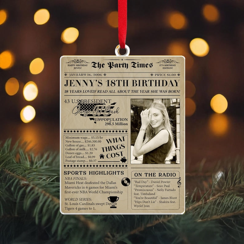 An elegant newspaper ornament, the Personalized 18th Birthday Newspaper Acrylic Ornament can also be a unique custom photo ornament gift.