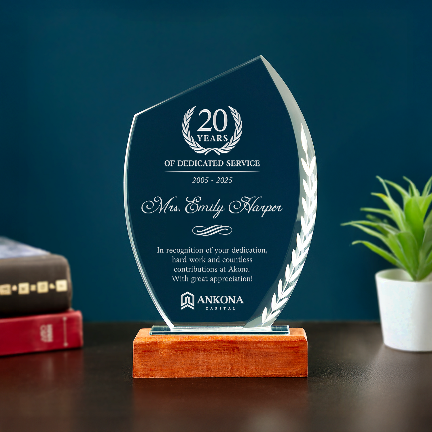 Personalized 20 Year Work Anniversary Crystal Award designed as a prestigious 20 years service award