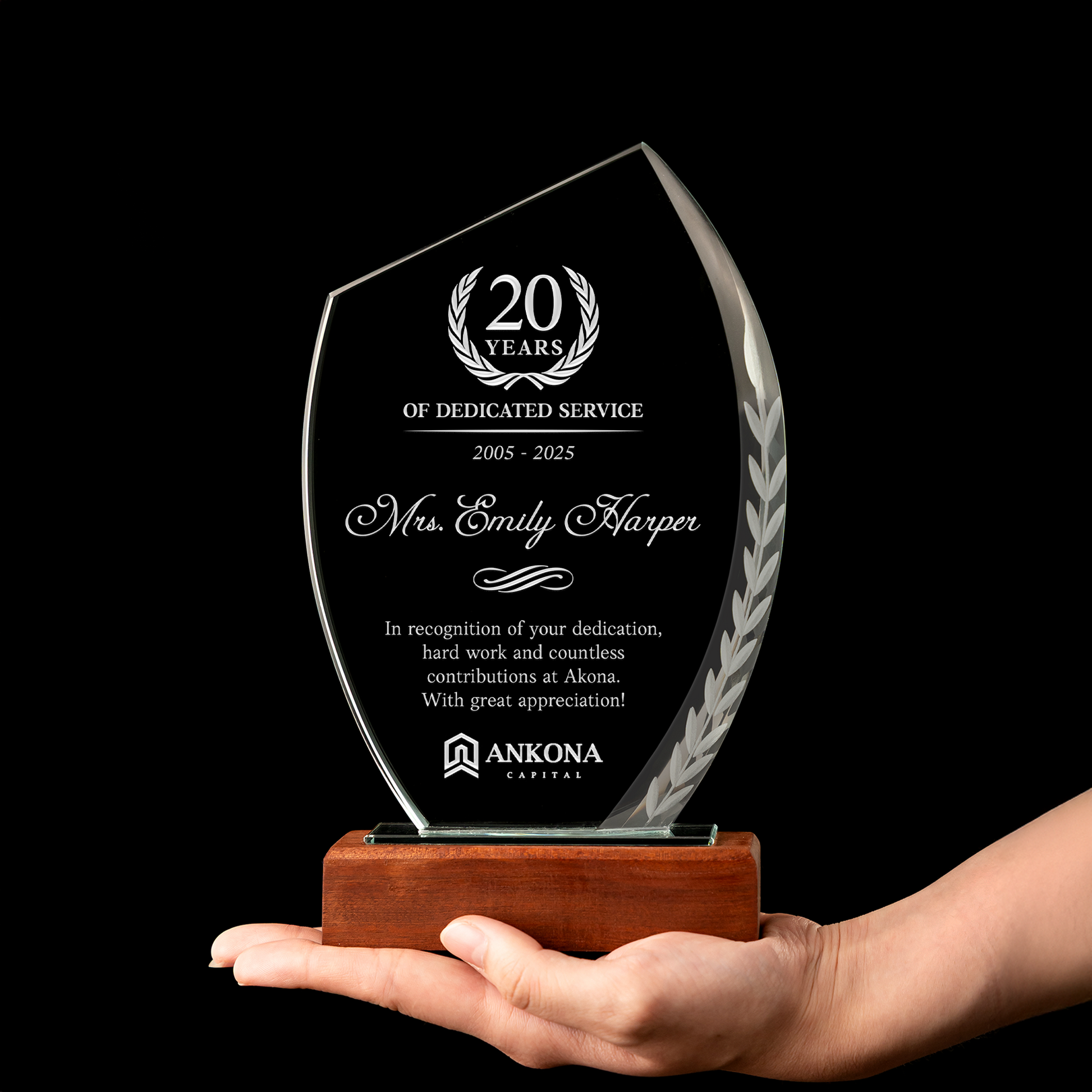 Elegant Personalized 20 Year Work Anniversary Crystal Award presented as a year of service award