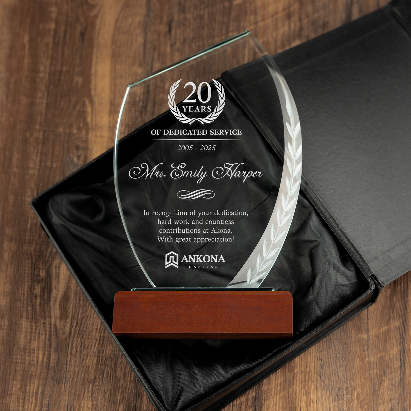 Personalized 20 Year Work Anniversary Crystal Award showcased as employee appreciation gifts and corporate gifts