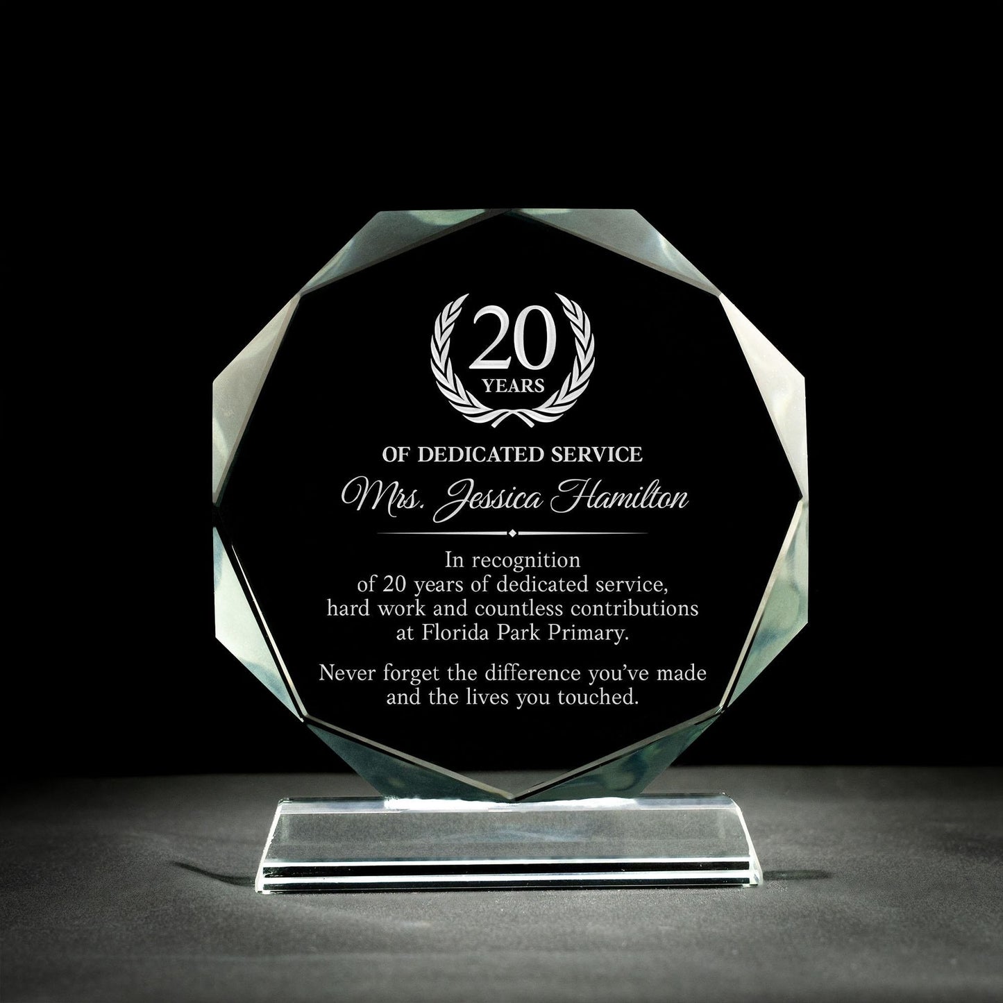 Personalized 20 Years of Service Crystal Award designed as elegant year of service award and employee appreciation gifts  