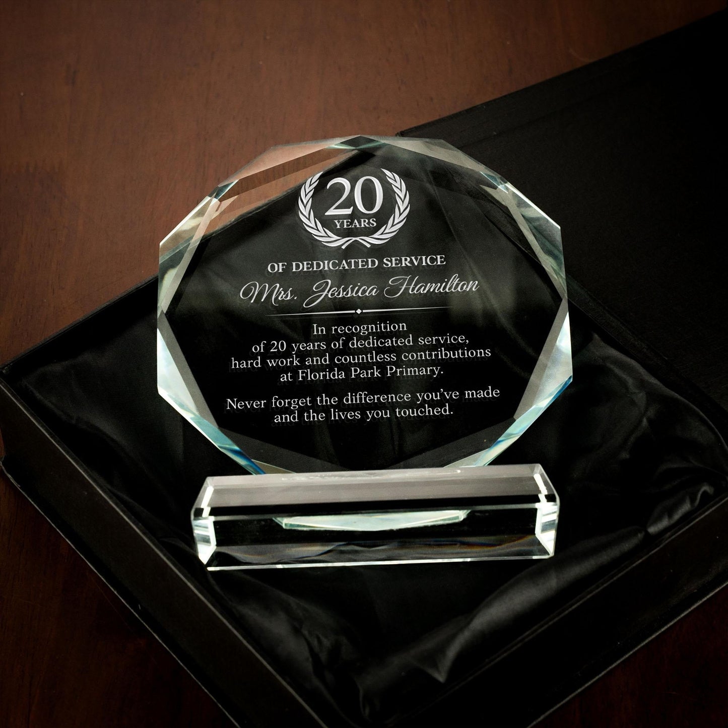 Unique Personalized 20 Years of Service Crystal Award ideal as 20 year work anniversary gifts and employee appreciation gifts  