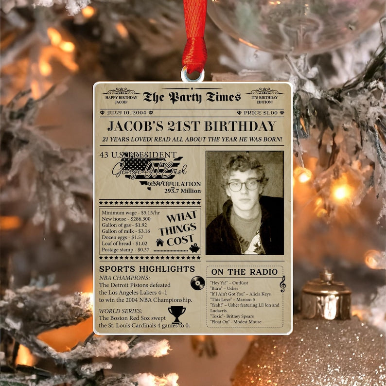 A Personalized 21st Birthday Newspaper Acrylic Ornament, a unique 21st birthday ornament and personalized Christmas ornament.