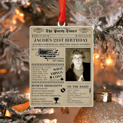 A Personalized 21st Birthday Newspaper Acrylic Ornament, a unique 21st birthday ornament and personalized Christmas ornament.