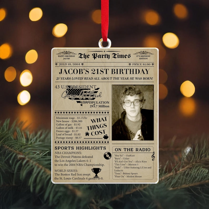 This custom photo ornament, a Personalized 21st Birthday Newspaper Acrylic Ornament, serves as a memorable newspaper ornament.