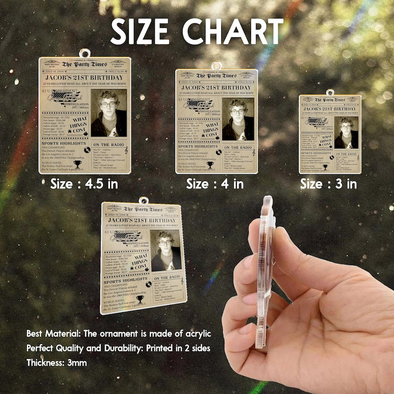 A close-up of a newspaper ornament, the Personalized 21st Birthday Newspaper Acrylic Ornament is an ideal 21st birthday ornament.