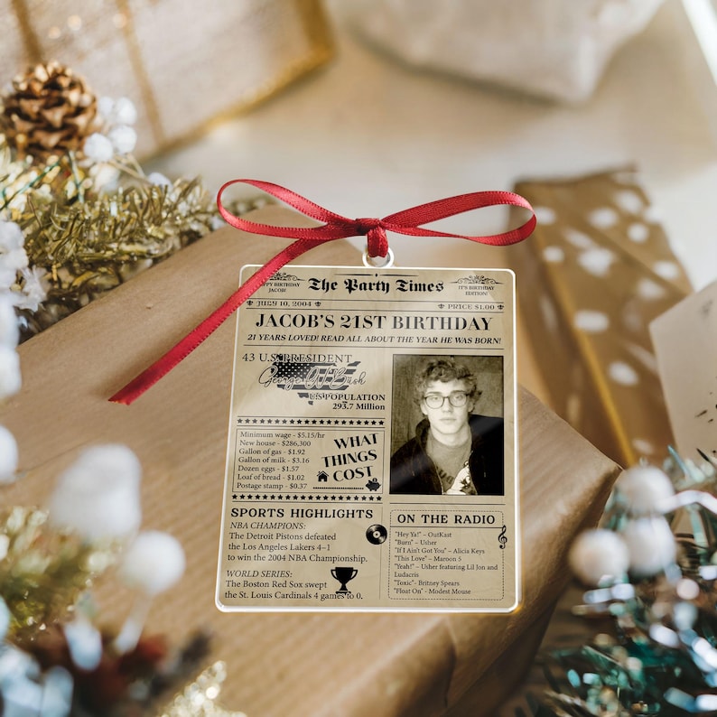 The perfect 21st birthday ornament, this Personalized Newspaper Acrylic Ornament allows you to create your own Christmas ornament keepsake.