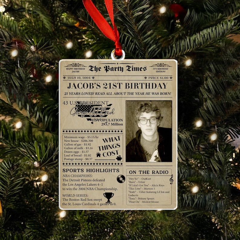 A custom photo ornament featuring a newspaper design, the Personalized 21st Birthday Newspaper Acrylic Ornament is a unique personalized Christmas ornament.